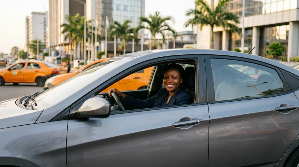 Conductrice au volant de sa voiture à Abidjan couverte par une assurance auto pas chère en Côte d'Ivoire