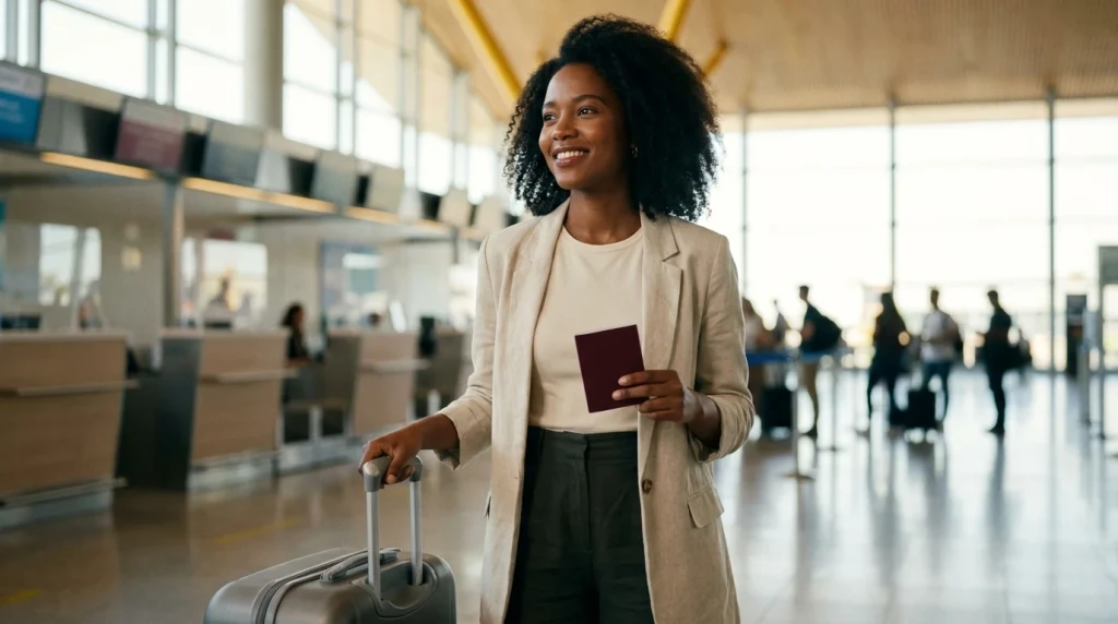 Voyageuse ivoirienne avec son passeport à l'aéroport d'Abidjan, couverte par une assurance voyage pas cher